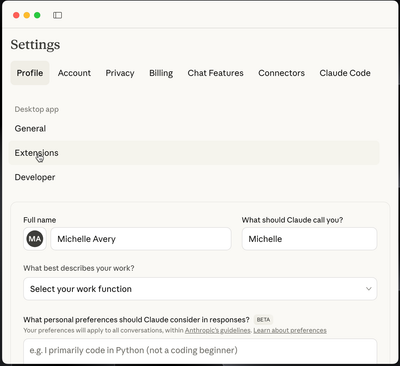 Claude Desktop Settings menu selecting Extensions